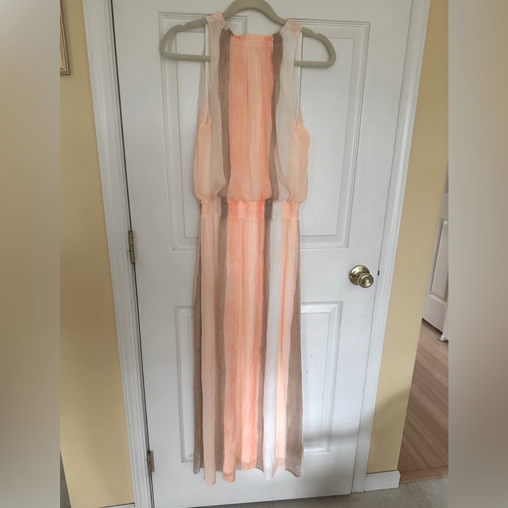 New women’s CHICOS Brown Tan &  Peach striped Maxi dress Sz 0